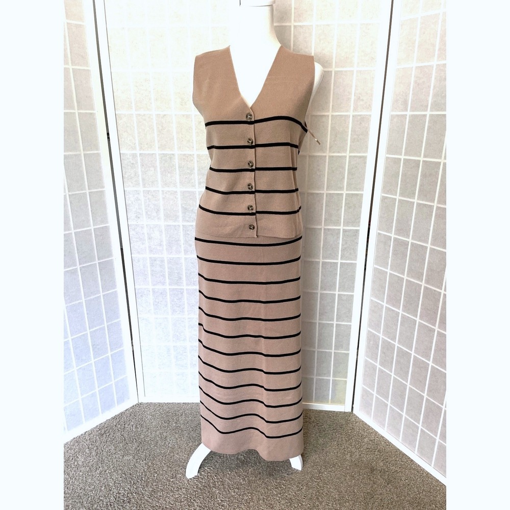 Joie NEW Knit Vest & Midi Skirt Set L Neutral Stripe Minimalist Contemporary